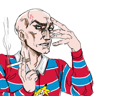 Bald person with striped red shirt and a blue bib is smoking