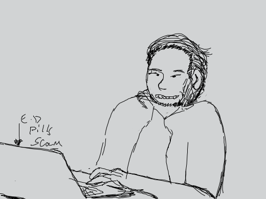 Guy looks up &quote;ed pills scam&quote; on his laptop