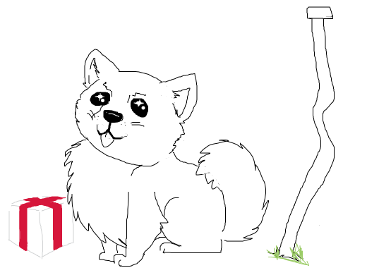 A Pomeranian dog, next to a bent metal pipe or railing, happy face.