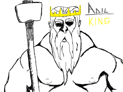 a dwarf king holds a hammer