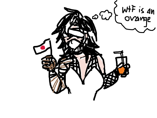 Ninja OC holding up a multi-colored flag drinking orange juice