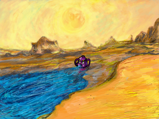 Dora the Explorer's backpack drinking the ocean. The sun is wrinkly.
