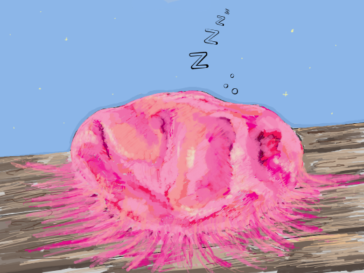 Pink chewing gum, thoroughly chewed, long-ago spat out, smooshed on a surface. Sleeping. Dreaming. Comfy gum creature.