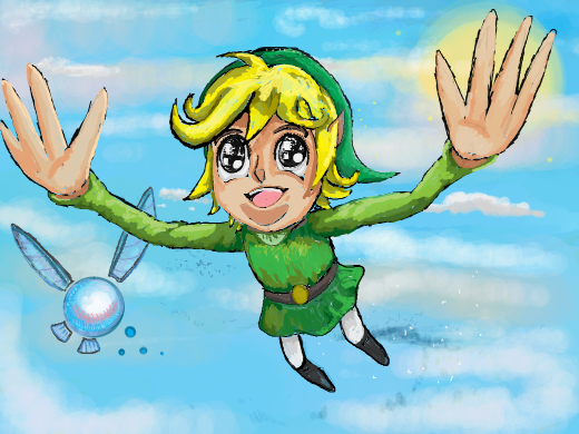 kawaii link with anime eyes and giant hands instead of boobs flying through the skies with his fairy gf