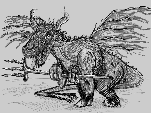 Cute 4-eyed devil dragon holding a pitch fork with his cute anime eyes staring into your soul.