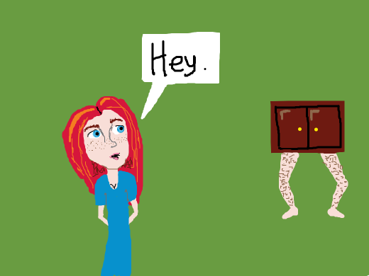 a curly redhead is saying hey. to a walking cabinet?????