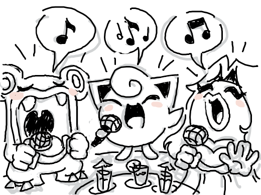 Loudred, Jynx, and Jigglypuff are at a Karaoke bar together.