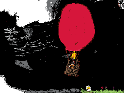A red hot air balloon picks up speed as it travels through a cloudy sky