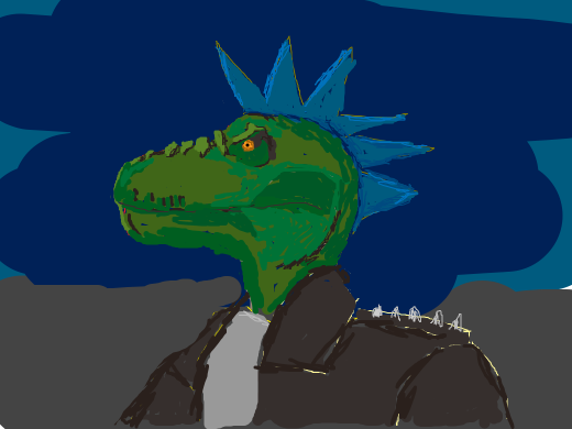 dinosaur with blue spikes and red eyes