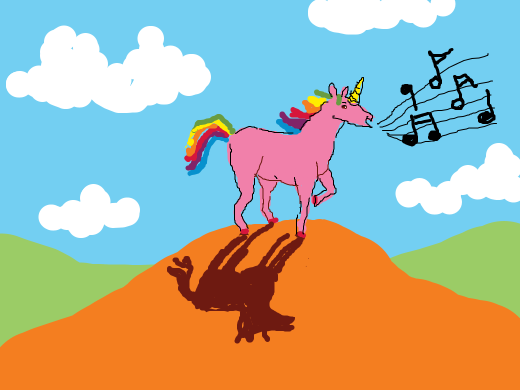 A pink unicorn sings the song of her people on an orange hill