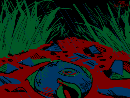 A fish lies on the drained, but rainy riverbed.