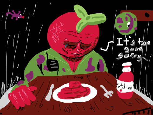 The tomato man (dressed like a US civil war solider) is shocked by how much he enjoys ketchup.