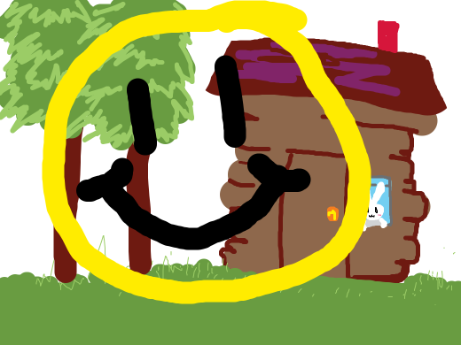 a smiley overlaid on top of a drawin of a house with a rabbit and a some trees