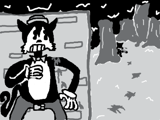 Injured cartoon cat clutchs chest, heavy breathing, leans against brick wall. Background, a cat with a rifle emerges from the woods; Hunting