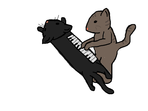 Black cat with pink collar plays on a piano that is also a black cat with pink collar.