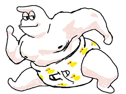 The doodle shows a cartoonish, muscular creature with a diaper