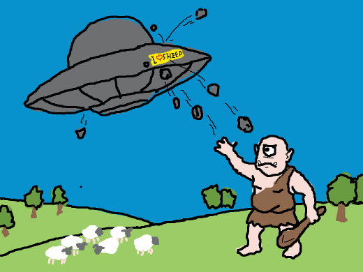 UFO with yellow bumper stickers flying in the air gets pelted by stones from below by a Cyclops protecting his sheep.