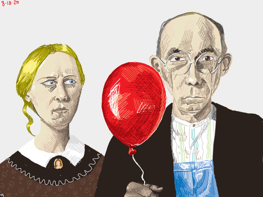 american gothic but the pitchforks a baloon