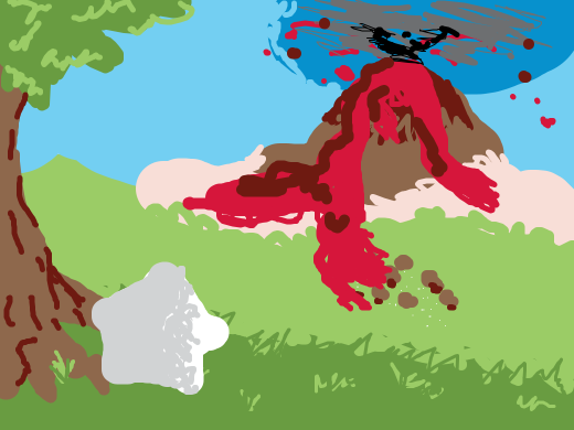 a volcano pierces the sky with it's eruption as a lone person begs it for mercy or redemption as big as an ant at the foot of it's power.