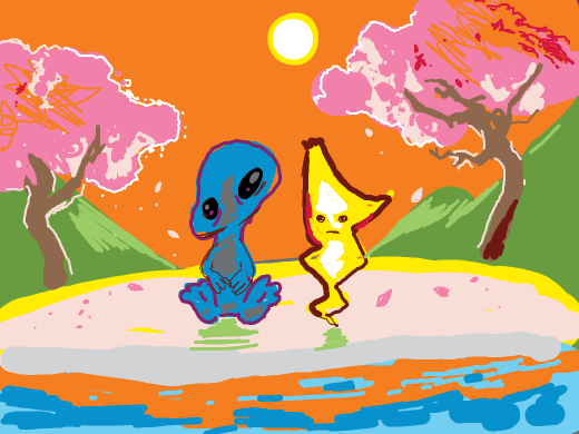 Shitty, blobby, naked alien or Sherk next to a shittily drawn, blobbly lightning bolt.