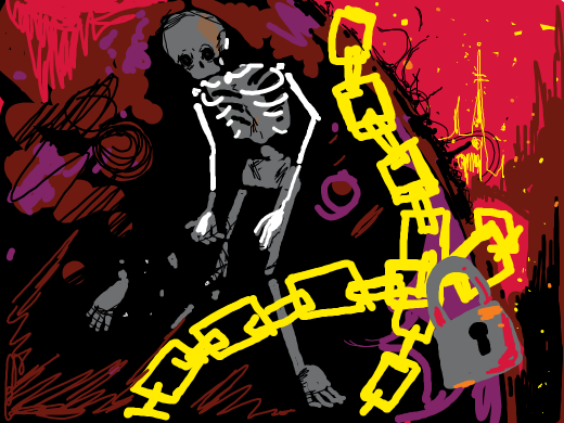 A Skeleton trapped inside a black orb has lost one of his legs