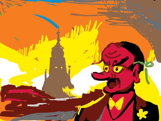 A man in a red shirt and tuxedo looking to the west is astonished, so he has wide eyes and a round mouth, as we see that he is gasping.