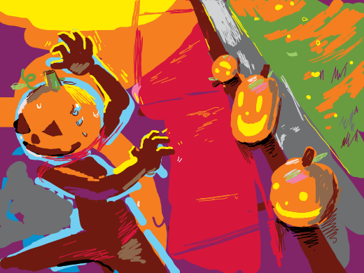 A guy with a pumpkin head is scared by some jack-o-lanterns outside someones house on halloween