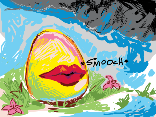 Egg with big lips kisses as-text under black cloud