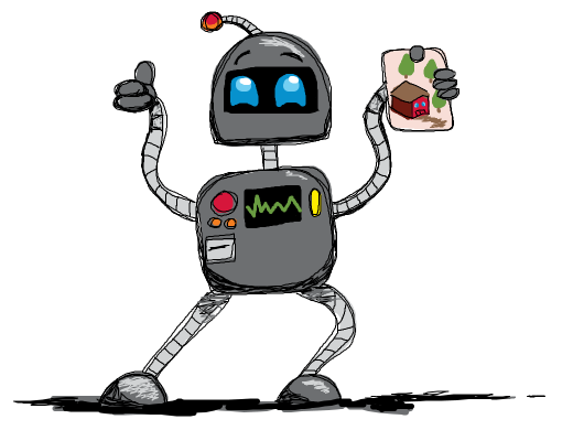 A cartoon robot holds up a drawing of a house and trees, showcasing colorful features and expressive blue eyes.