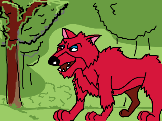 Dark Heart from the 2nd Care Bears movie in his wolf form. His wolf form is small, fluffy, blood red wolf(big dog sized and rideable.)