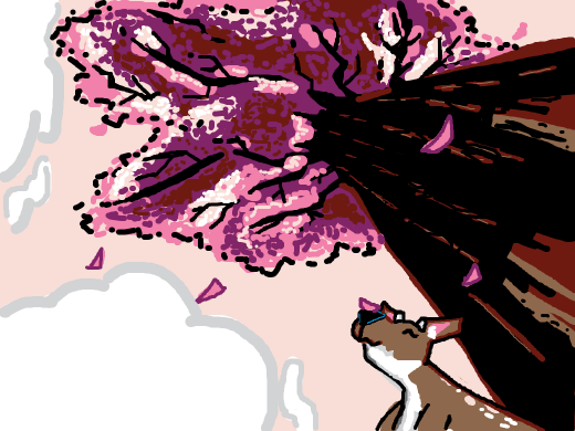 Oh my god a beautyfully drawn deer with short horns and white dotts on the body looks up to the falling leaves, one landing on its snout