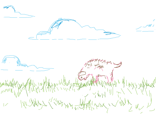 Pink and brown shaggy dog eating grass