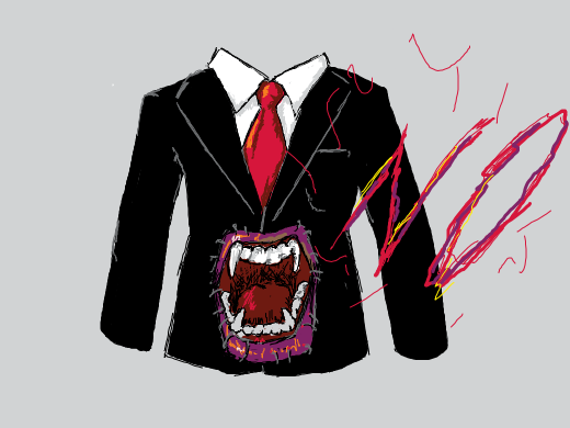 A black tux w/ white shirt, red tie, and roses in pocket with an evil-looking mouth stitched to the abdomen area. The mouth is shouting &quote;NO&quote;