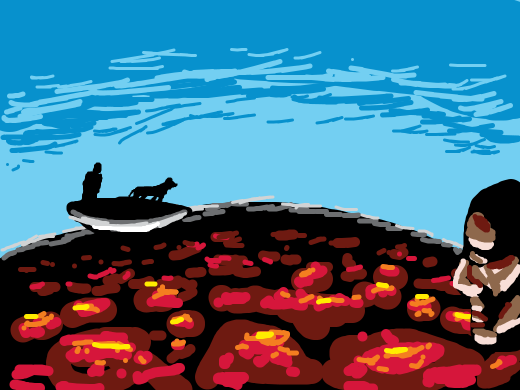 a guy and a dog are in a boat in lava and another guy is looking on
