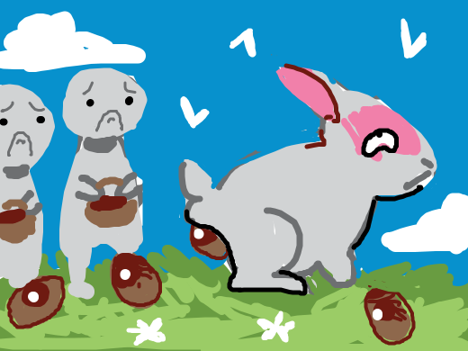Easter bunnie pooping his &quote;chocolate&quote; eggs in front of children