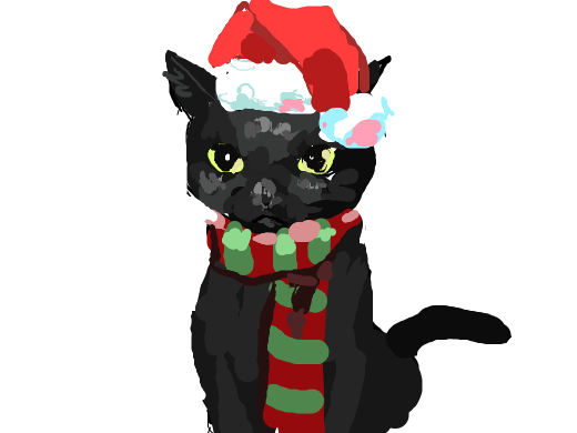 black cat with a christmas hat and complementary striped scarf