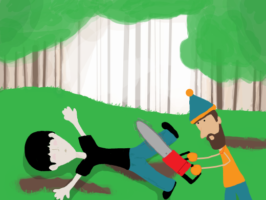 someone with tiny arms uses a chainsaw to saw someones leg off in the forest