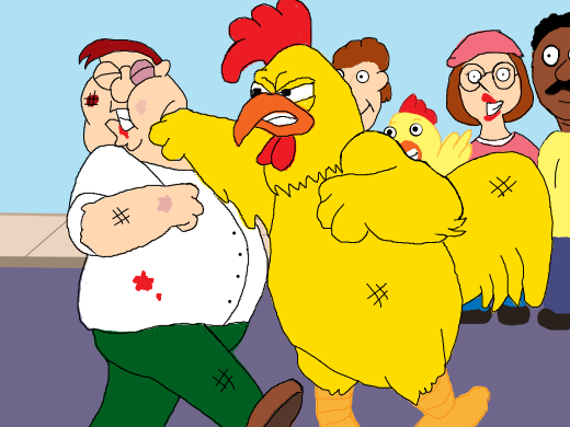 The brutal battle finally comes to an end, as the large rooster delivers one last knockout punch to Peter Griffin. The crowd goes wild.