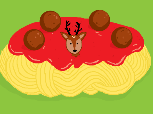 A deer in a bed of pasta