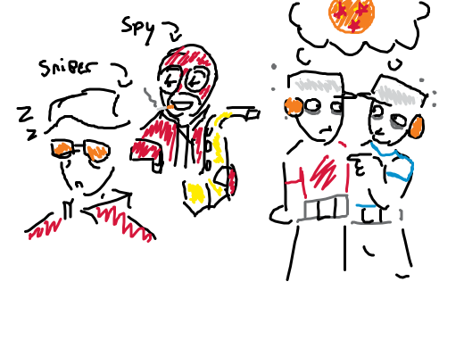 BLU and RED Scout watched too much Dragon Ball. RED Spy is makin' fun 'o RED Sniper by nickin' his sax.