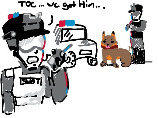 Guy talking into a handheld radio reporting on his dog