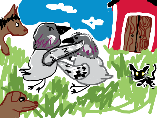 Two pigeons brawling in a farmyard, animals looking on
