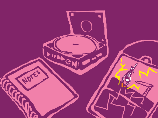 Various physical media. A CD player, a notebook, and someone diving into a pool of electricity on the horizon.