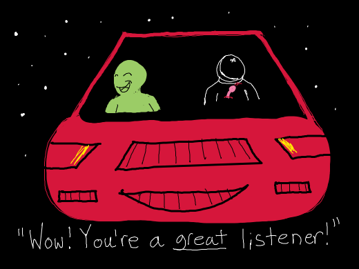 alien drives a red car in space next to a dead astronaut