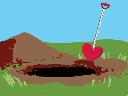 Red shovel with a red, heart shaped blade on the bottom half.