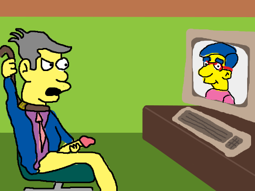 principal skinner in front of his computer with his pants down
