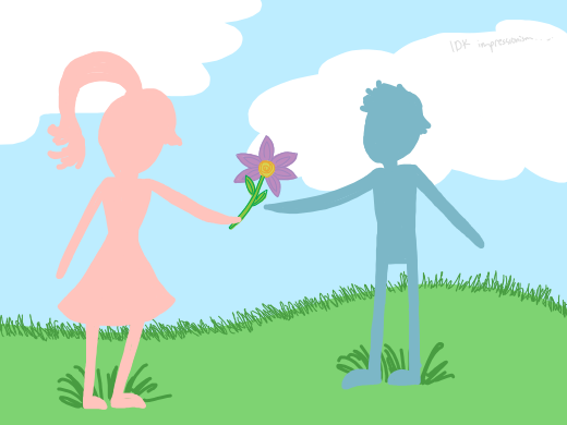 Impressionist painting of a girl giving a boy a flower