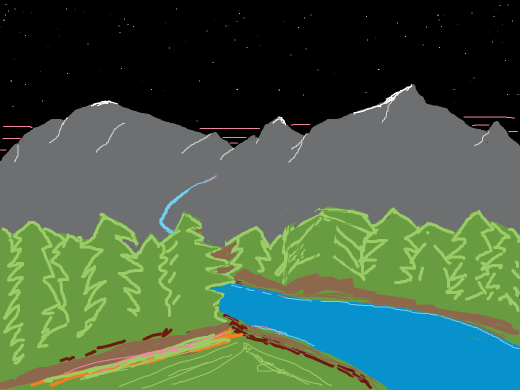 A lovely painting of two mountains and a river running to the right. Nice use of color.