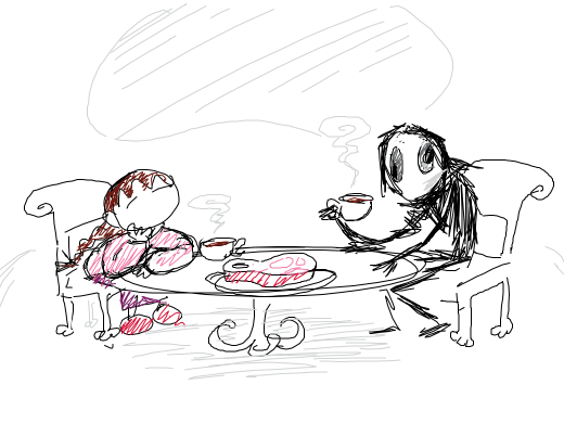 Mado having dinner together with a black-haired man wearing a sweater and glasses