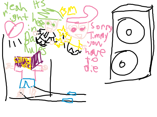timmy turner is about to get blasted into oblivion by the subwoofer